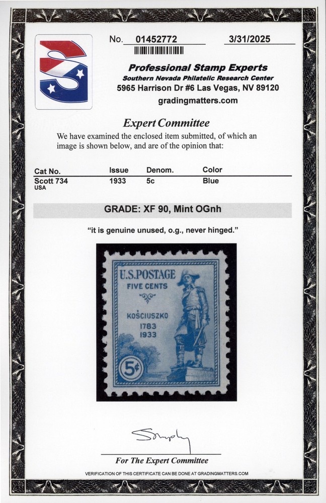US #734 | Mint NH | Extra Fine | PSE Cert