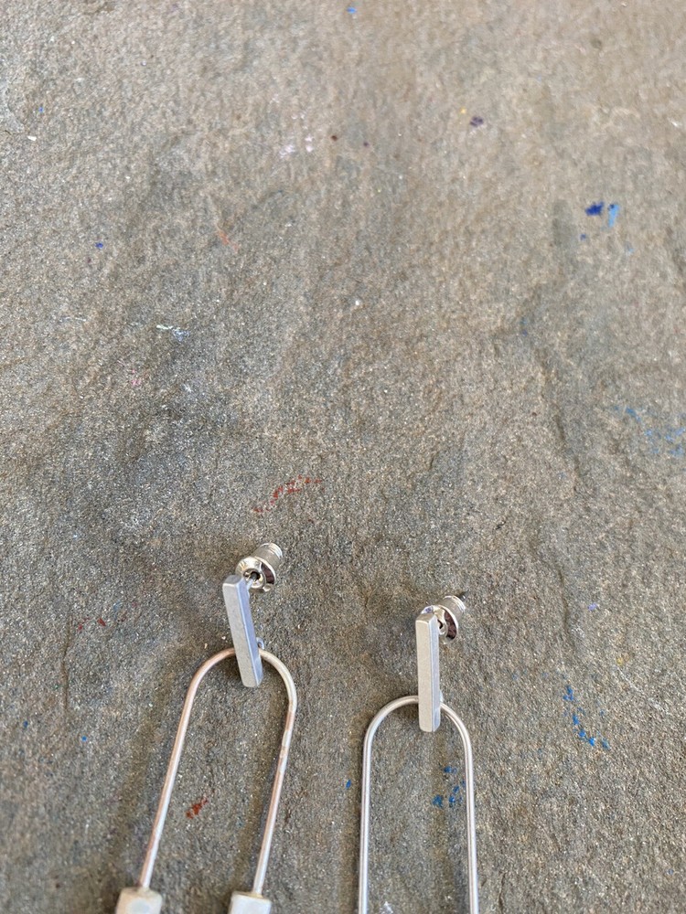 Artisan Earrings Agate Silver Plate U Shape Dangle Stone Block Art