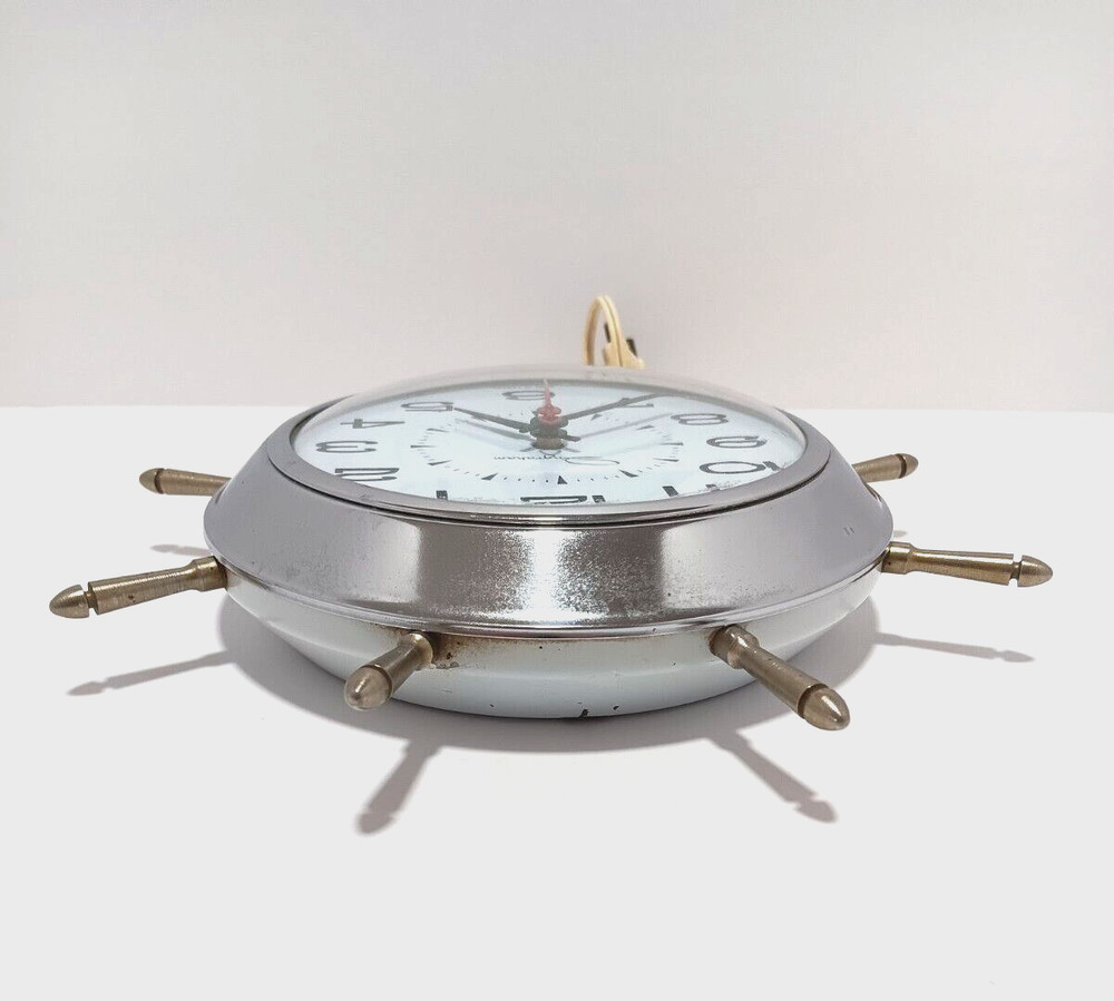 Vintage Ingraham Ship Wheel Wall Clock Silver Plug-in
