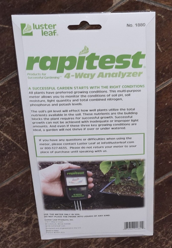 Rapitest 4-Way Analyzer: Measures Soil pH, Moisture, Light & Fertility #1880