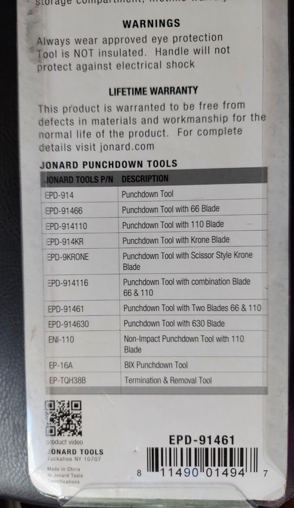 Jonard Tools Epd-91461 Punchdown Tool With 110 & 66 Blade NEW