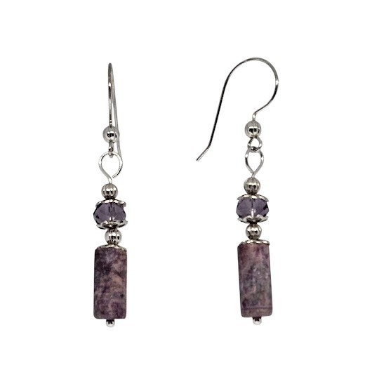 Purple Lepidolite Gemstone Beaded Handmade Silver Dangle Boho Earrings