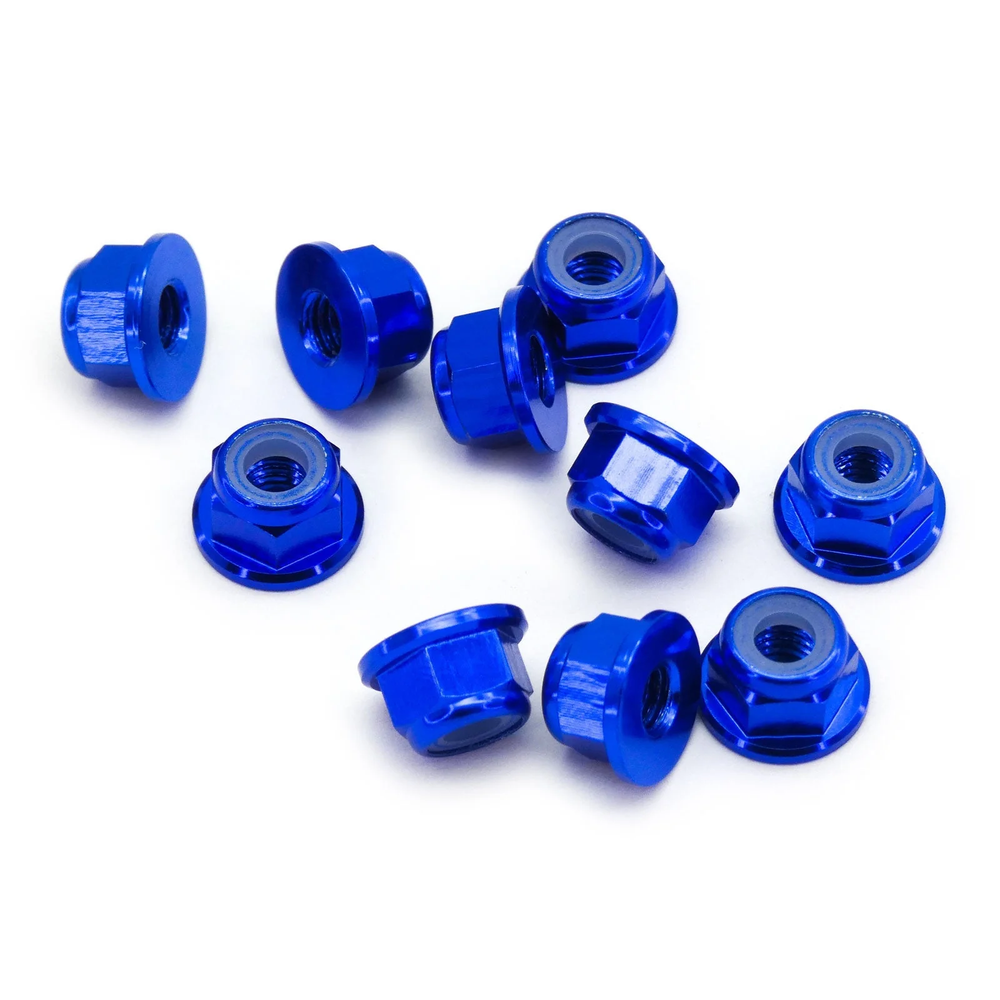 10pcs M5 Flange Locking Hex Nuts Nylon Insert Anodized Aluminum (Blue)