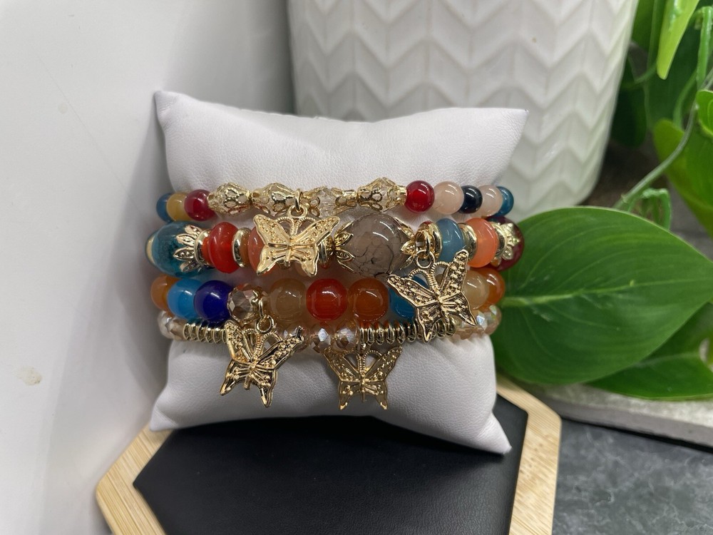 4” PC Handmade Boho  Beaded Stackable 7” Plus Stretch Bracelet Set New B4788