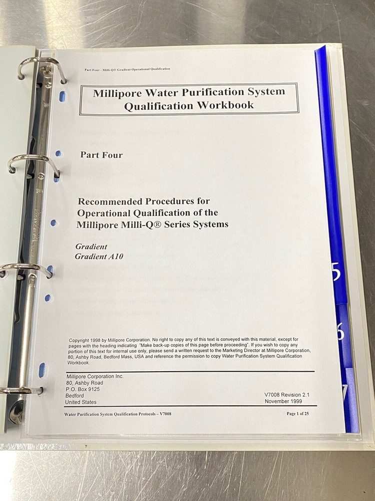Millipore Water Purification System- Users Guide / Instruction Book / Manual