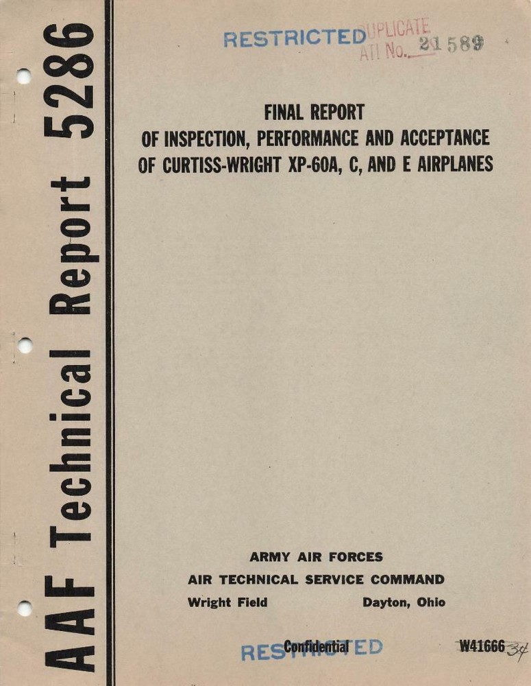 1945 AAF CURTISS-WRIGHT XP-60A,C,E FIGHTER INSPECTION, PERFORMANCE,ACCEPTANCE-CD