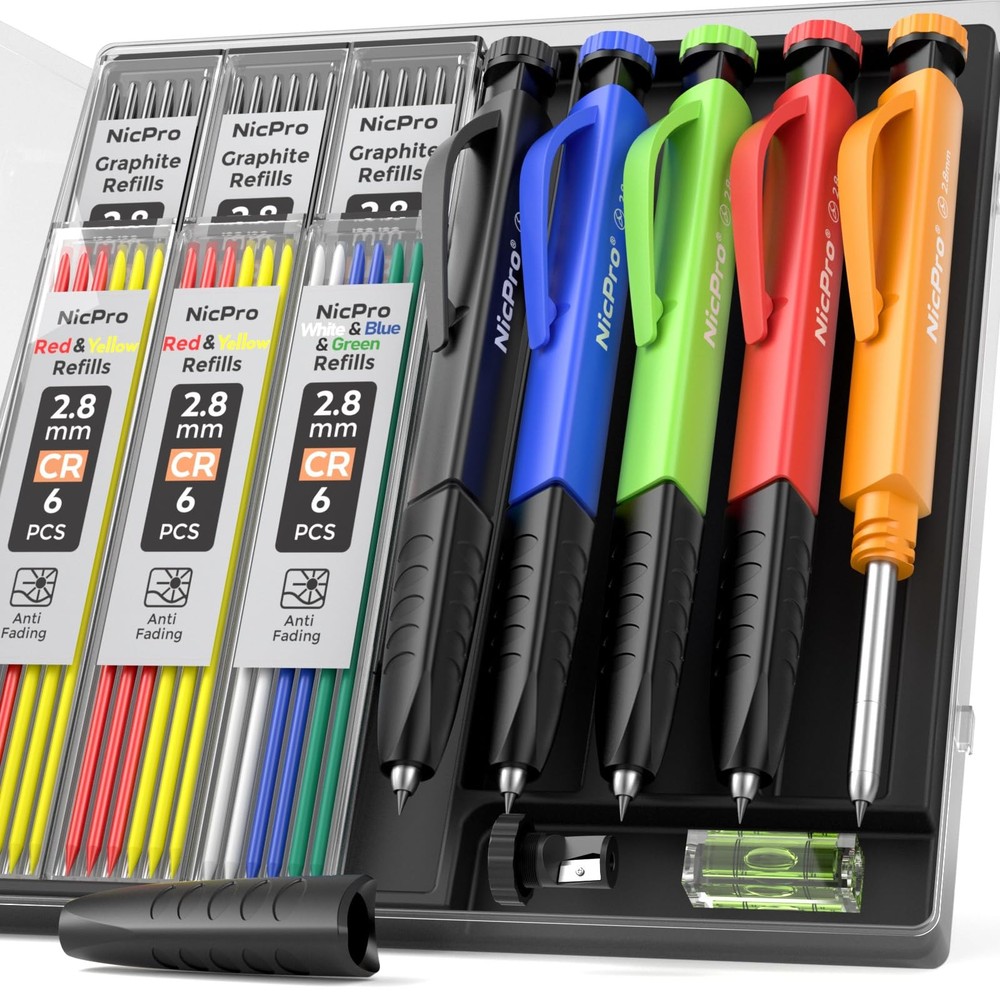 Nicpro 5 Pack Mechanical Carpenter Pencil Set with Sharpener 5 PACK, 5 colors