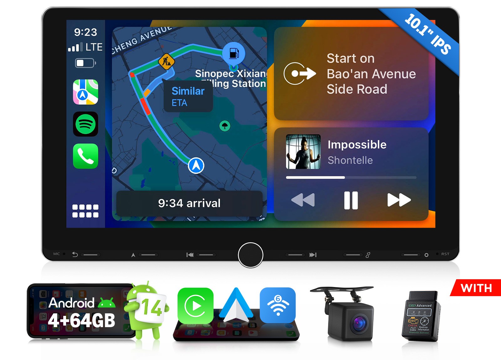 OBD2+In Dash Universal Double 2DIN 10.1" Car GPS Android 14 Stereo Radio CarPlay