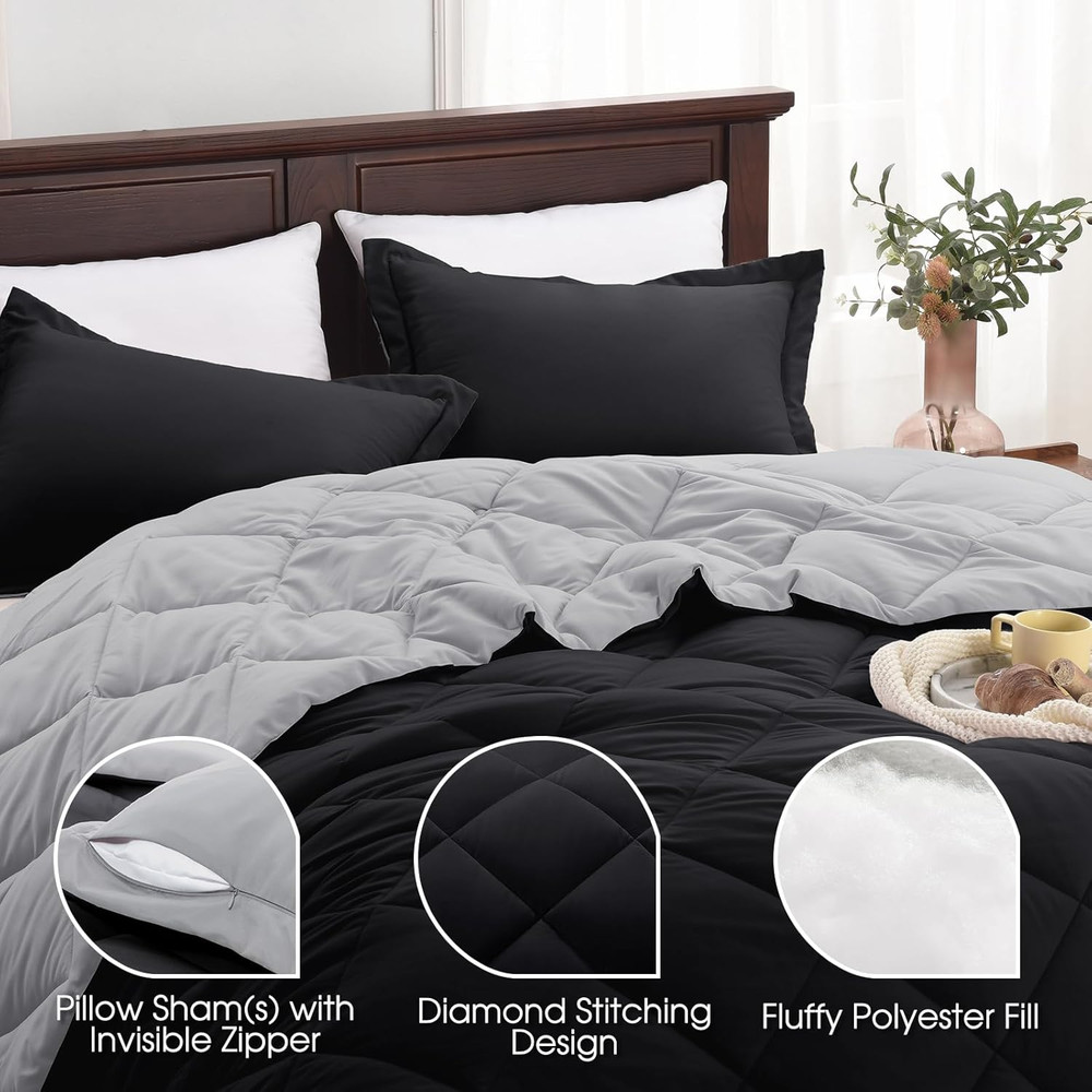 Queen Comforter Set - Black Comforter Set Queen, Reversible Bed Comforter Queen