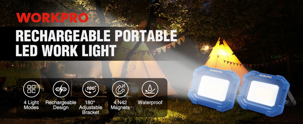WORKPRO 2Pack Rechargeable 2000LM LED Work Light Magnetic Super Bright Worklight