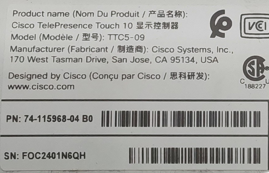 Cisco K9 Touch 10 10in Touchscreen Tablet CS-T10-TS-G-L9 Conference Controller