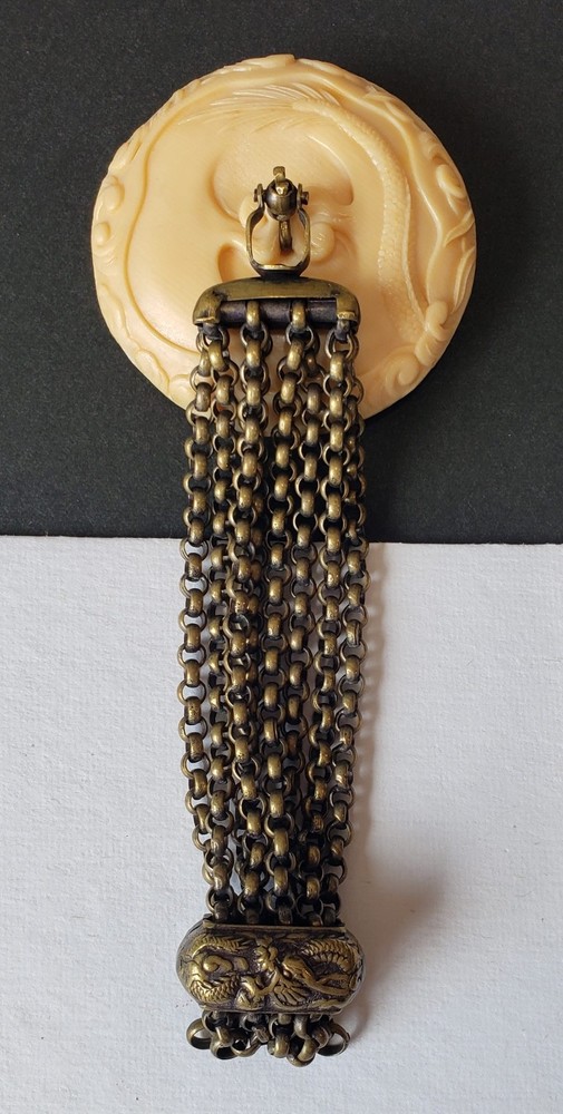 Super Detailed Front & Back Celluloid Dragon Netsuke Button Complete with Chains