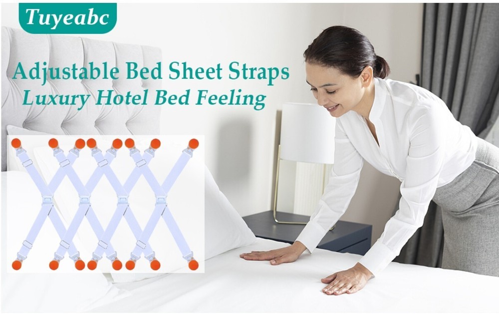 Tuyeabc Bed Sheet Straps, 4 PCS/16 Clips Fitted Sheet Straps, Adjustable Elastic
