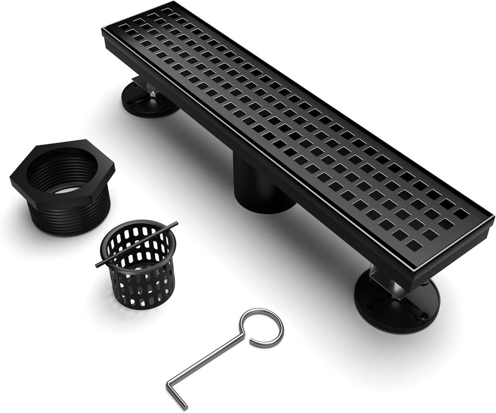 Desagüe de ducha lineal de 12 pulgadas, desagüe de piso rectangular negro