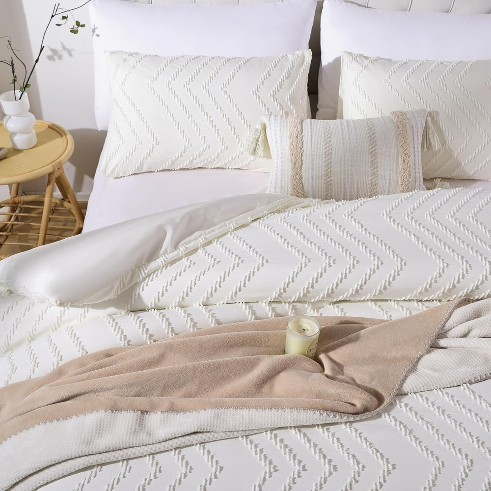 Ivory White Full Comforter Set 3Pcs, Boho Full Size Bedding Set, Vertical Tufted