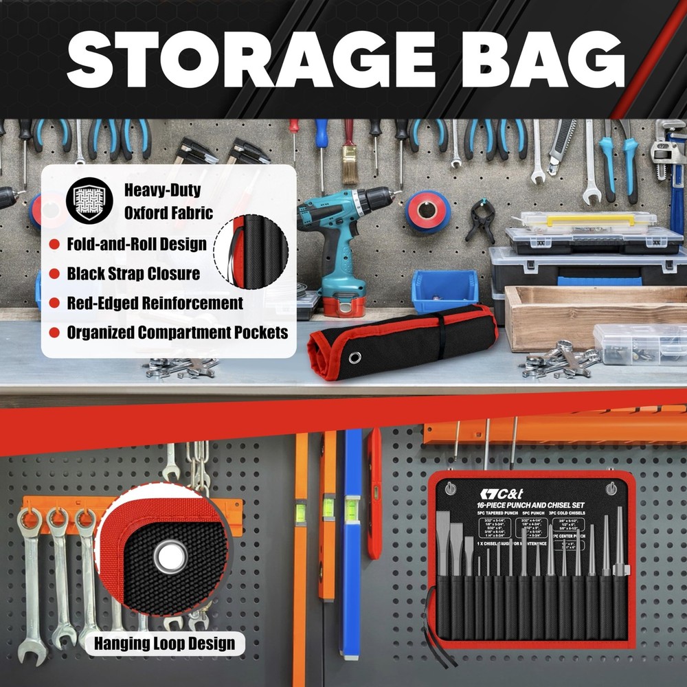 16Piece Punch and Chisel Set with Storage Pouch, Including Taper Punch, Cold ...