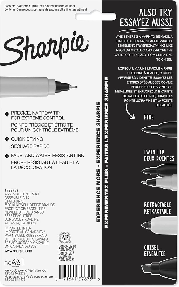 Sharpie 37675PP Permanent Markers, Ultra Fine Point, Assorted Colors 5 Count