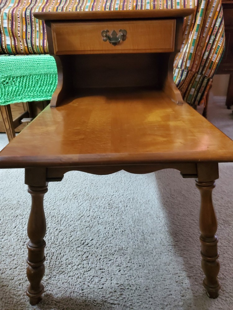 American Maple Step End Tables With A Drawer. Solid Wood, Matching Pair.
