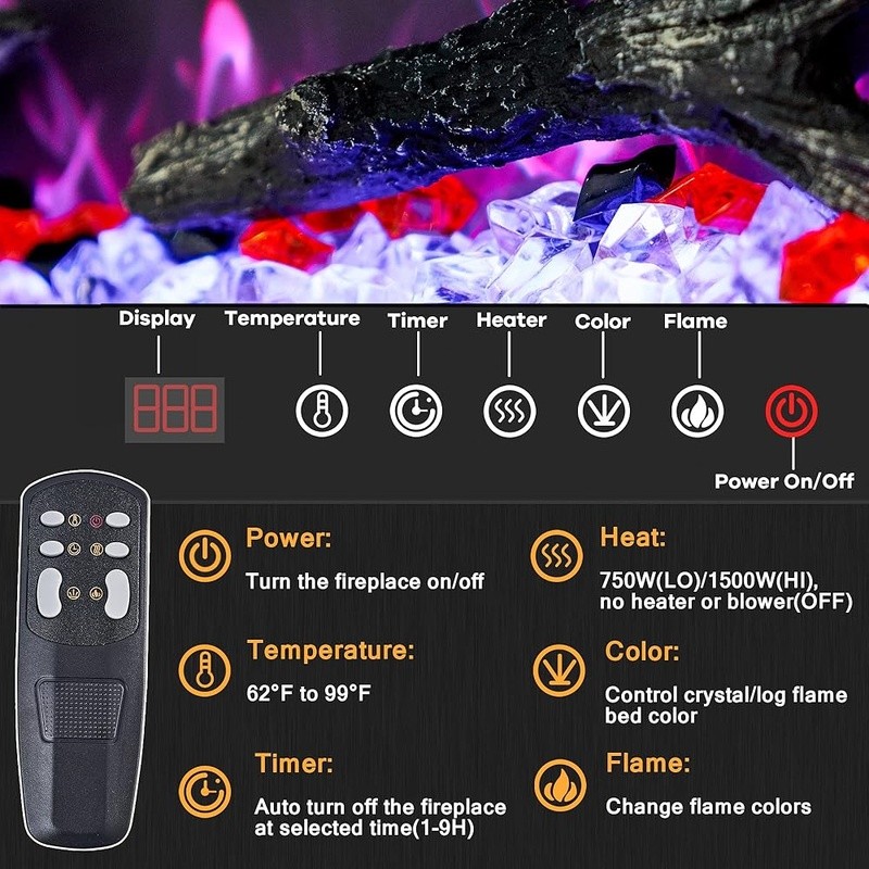 Electric Fireplace Insert Wall Mounted Heater Remote Control Multicolor Flame US