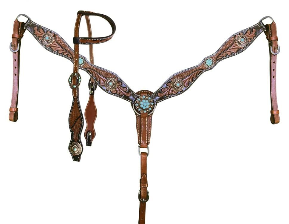 Showman Two-Tone Tooled Single Ear Headstall & Breast Collar Set
