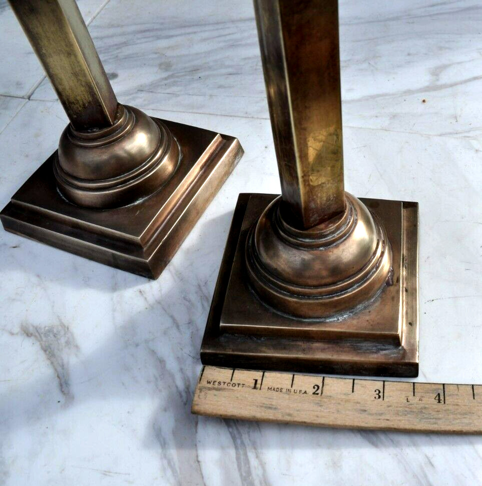 Vintage Pair of Solid Brass Candlestick Holders Square Footed Base India