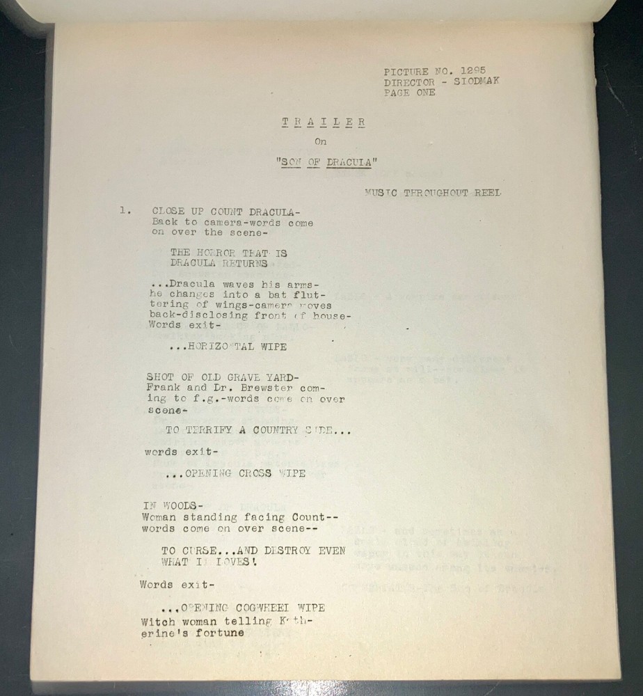 SON OF DRACULA (3/5/43) Rare Universal File Continuity Script + Trailer Script!!