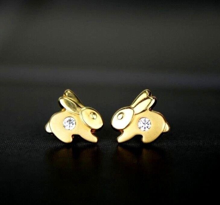 14k Yellow Gold CZ Rabbit Stud Earring