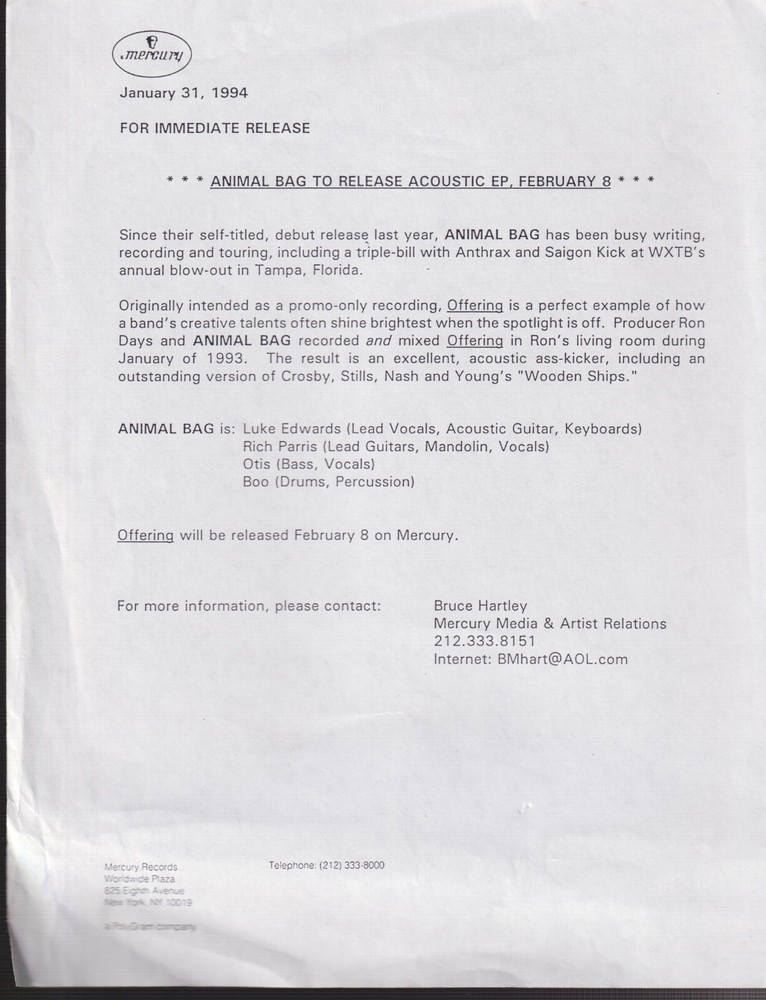 animal bag offering press kit 1994