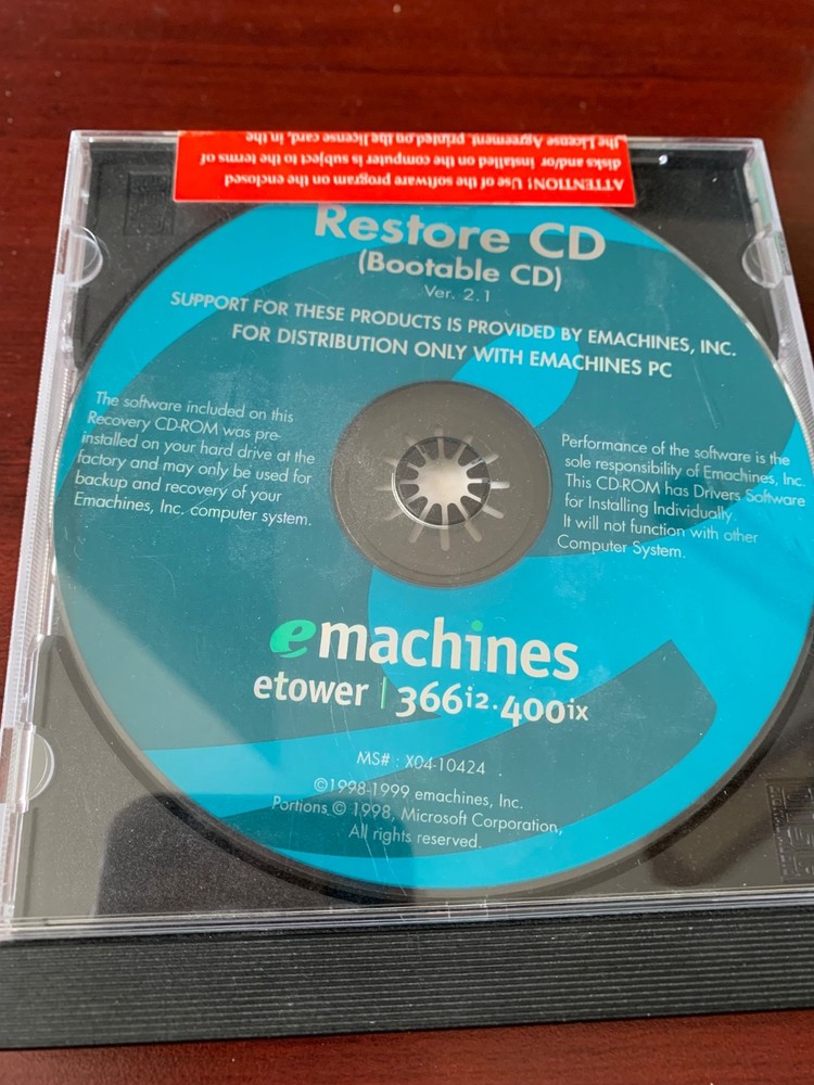 Emachine Sealed Etower Restore CD Etower 366i2 400ix Bootable CD ROM