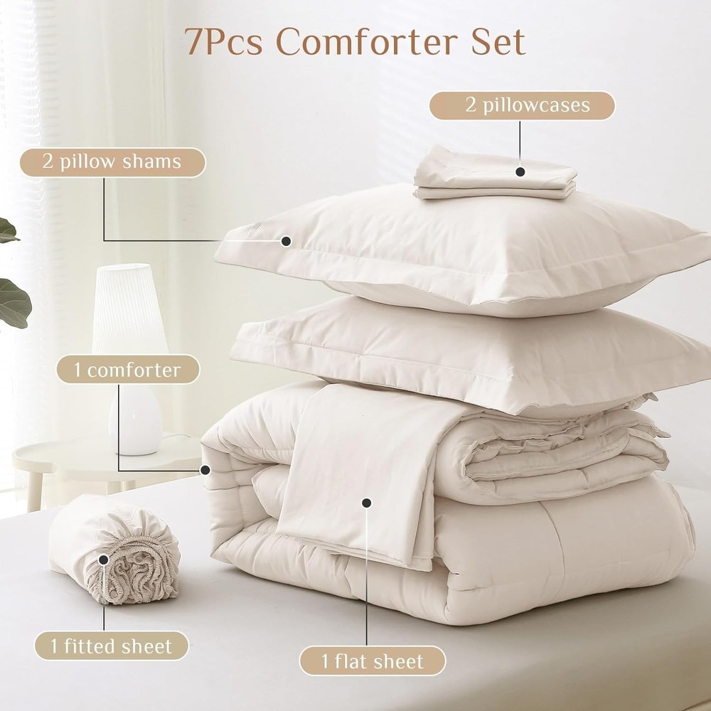Complete Queen Bedding Set - Ultra-Soft Comforter, Sheets & Pillowcases in Beige
