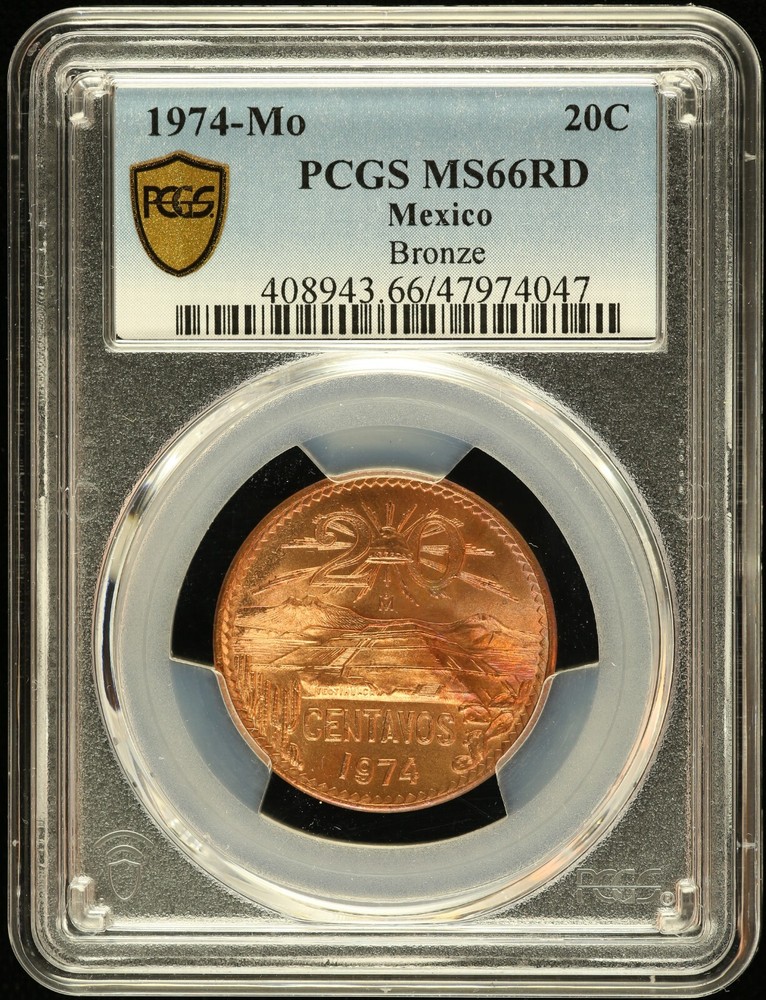1974 Mo Mexico 20 Centavos Bronze PCGS MS 66 RD