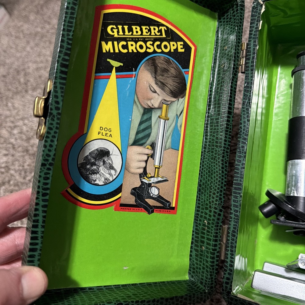 Vintage Gilbert Microscope Set 1950's-Green Case 10"X 5"X 5" (PARTIAL SET)