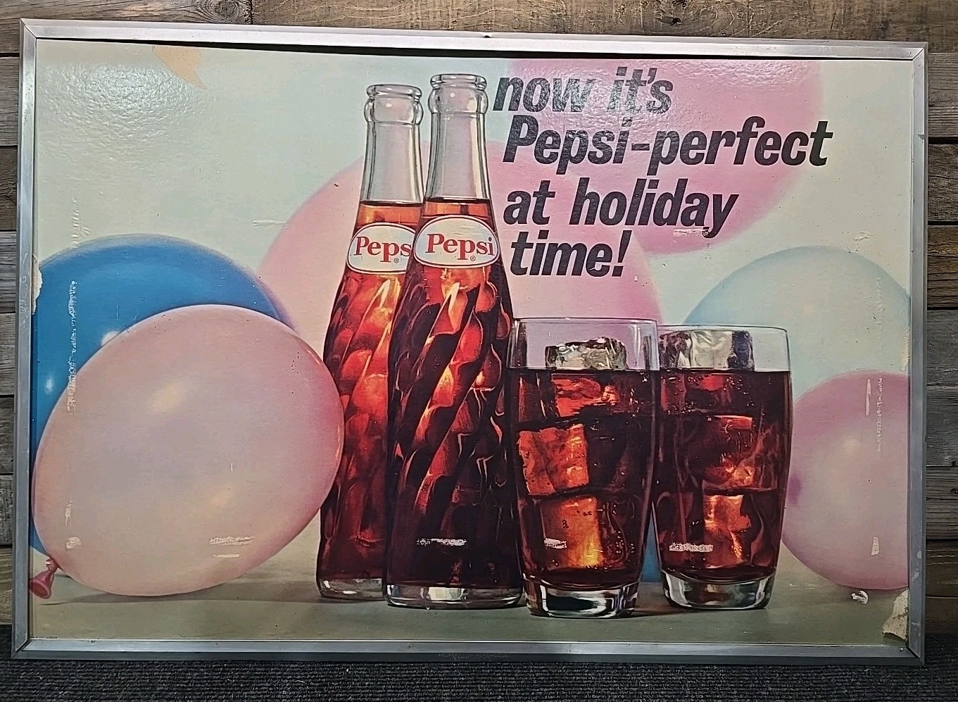 1950s/60s Pepsi Cola Cardboard Advertising Sign With Original Aluminum Frame