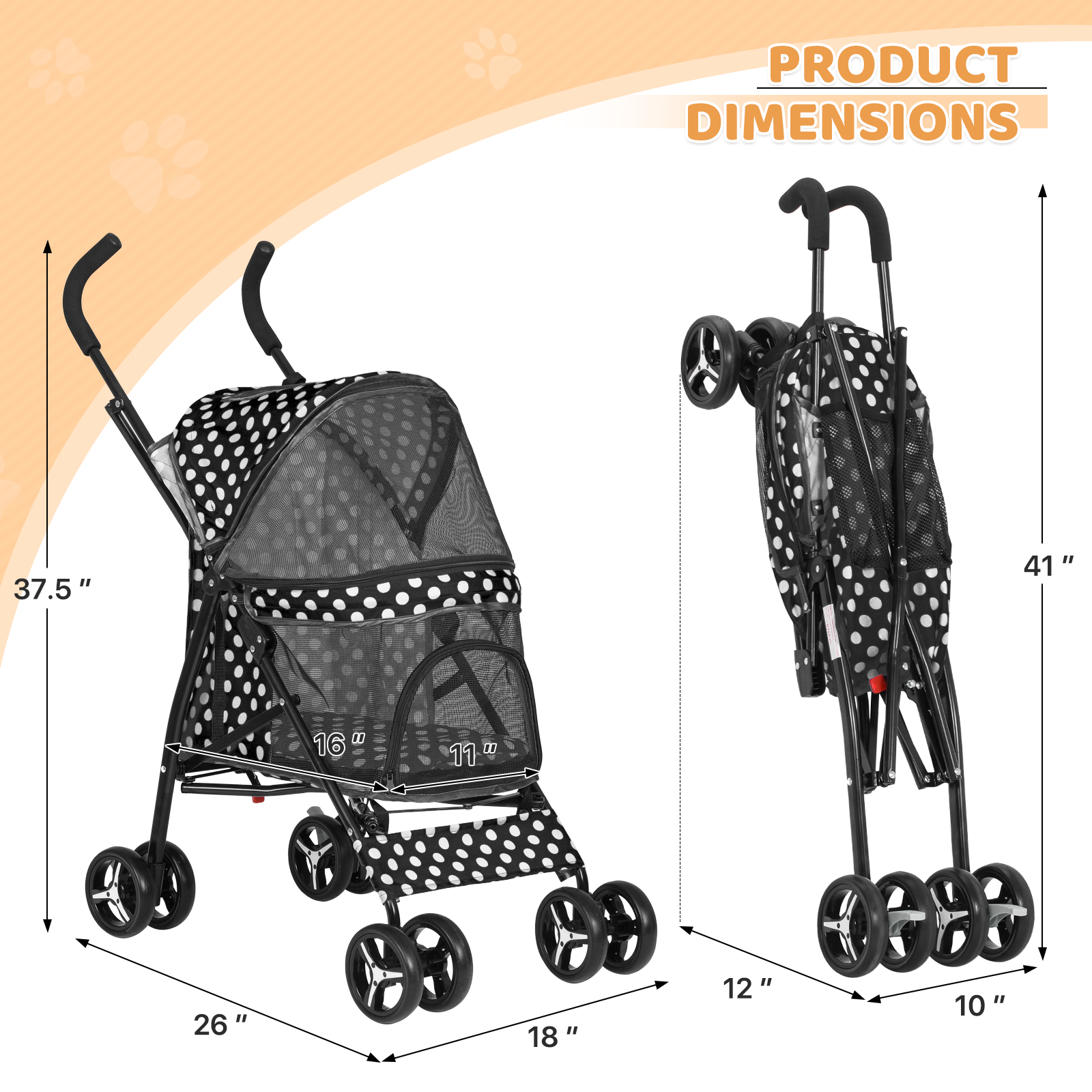 Pet Stroller Foldable 4 Wheels Cat Dog Travel Carrier Storage Basket w/Skylight