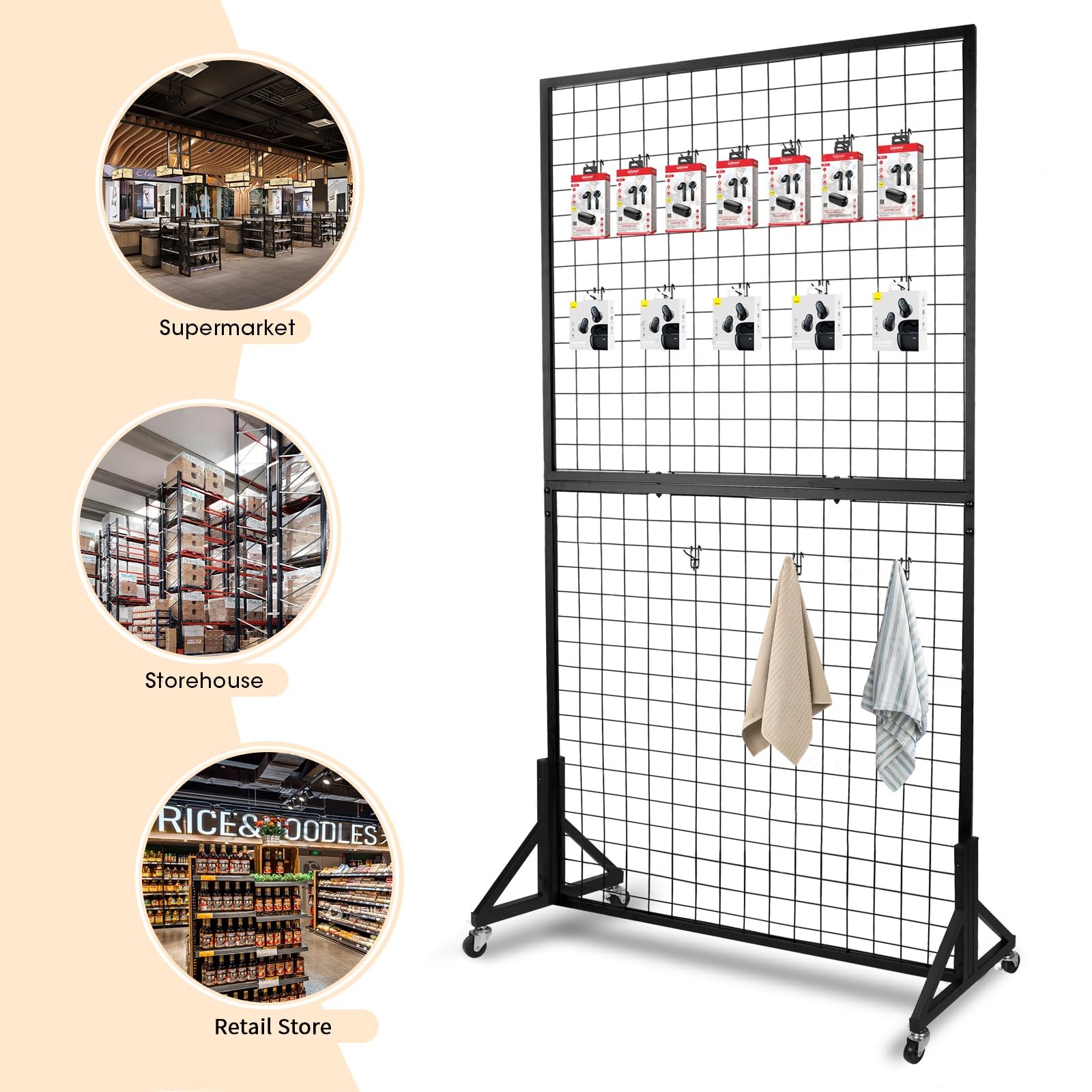 1 Pack 3'x 6' TwoDouble Gridwall Panel Display Racks with Sturdy TBase, Black...