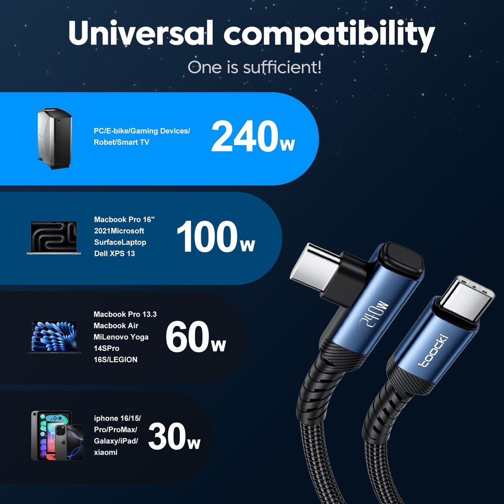 toocki USB C Cable [2Pack, 10ft] 240W Fast Charging Type C 10FT+10FT, Blue