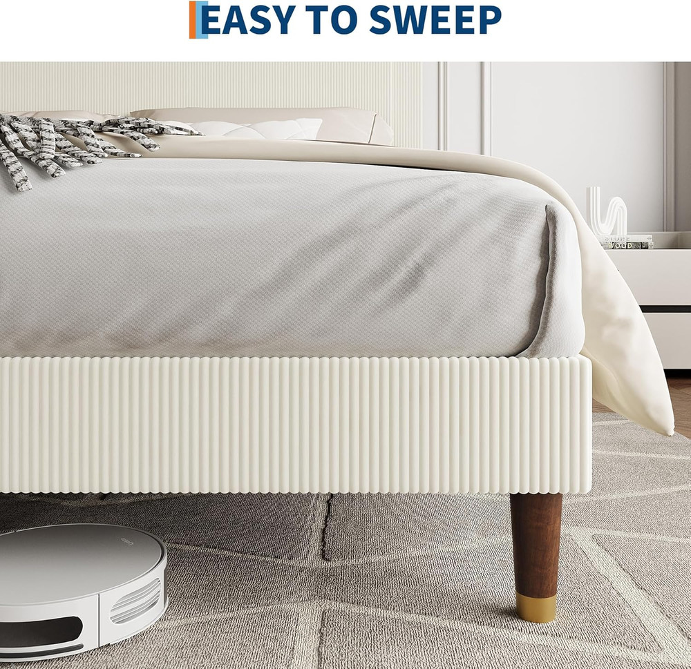 Beige Upholstered Full Bed Frame, Noise-Free, Easy Assembly