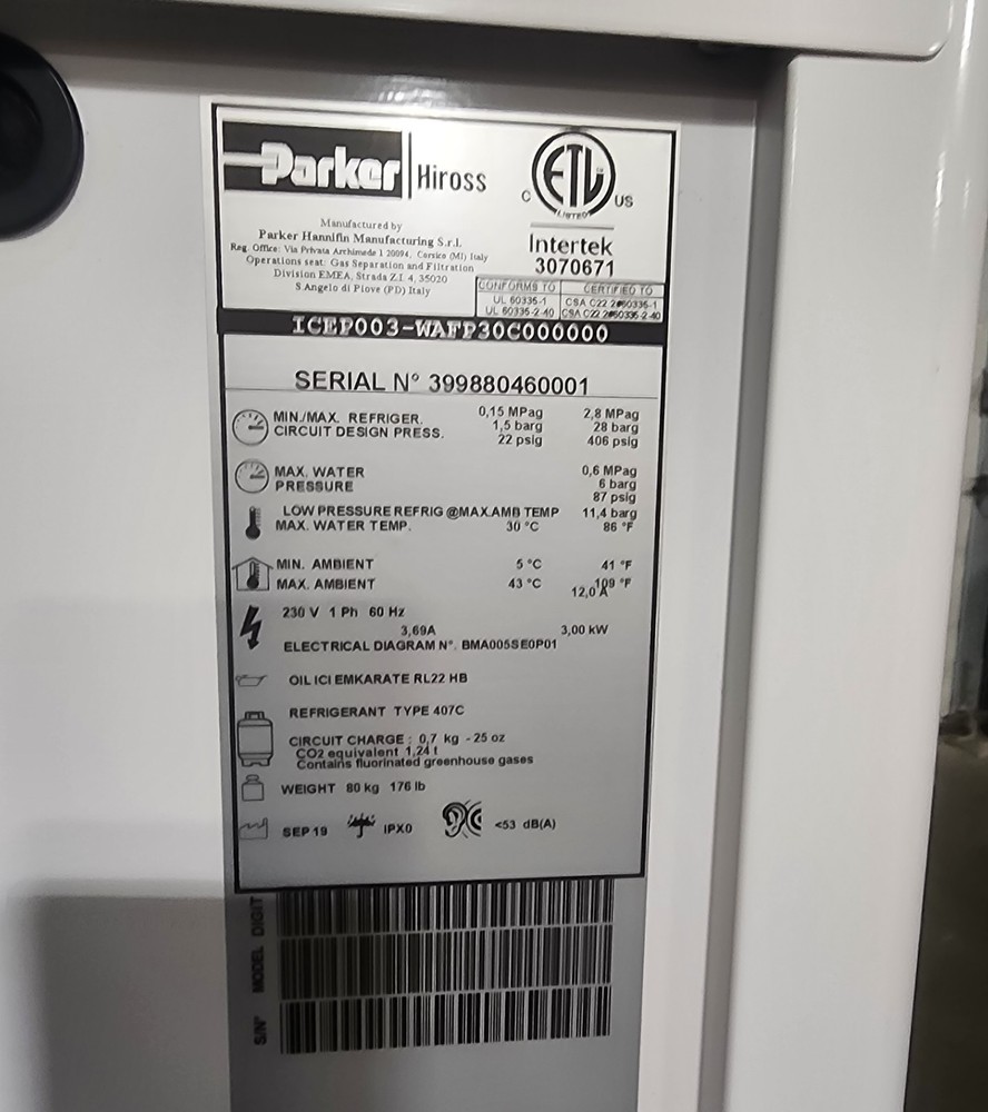 Parker Hiross ICEP003 Hyperchill Plus Industrial Process Chiller Recirculating