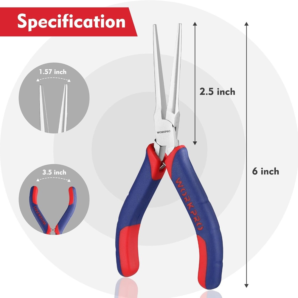 WORKPRO Mini Needle Nose Pliers 6 Inch Smooth Jaw Precision Craft Tool