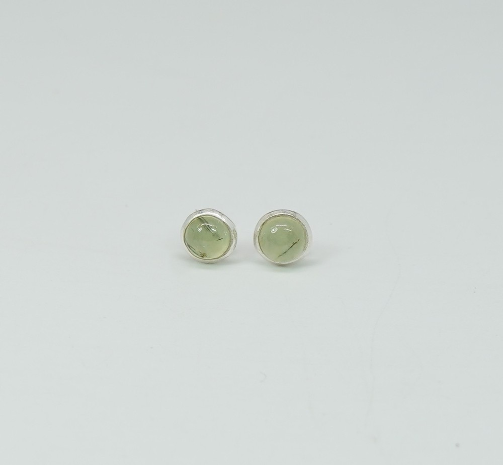 925 Solid Sterling Silver Green Prehnite Round Stud Earring