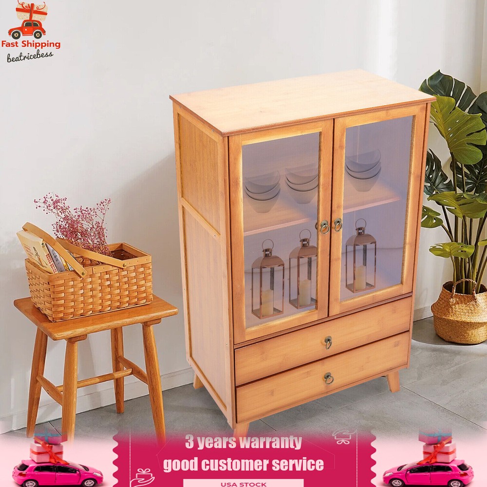2-Compartments Bamboo Kitchen Sideboard Storage Organizer Cupboard Freestanding