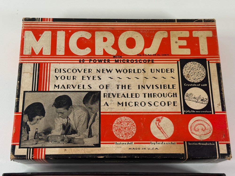 Antique 1920s 30s Microset Toy Microscope set w/ box science