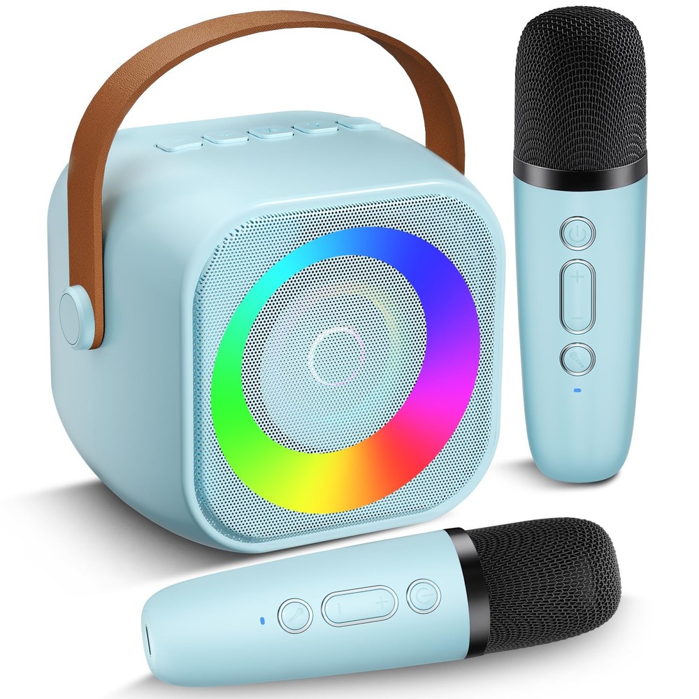 Mini Karaoke Machine, Portable Bluetooth Speaker with 2 Wireless Microphones ...