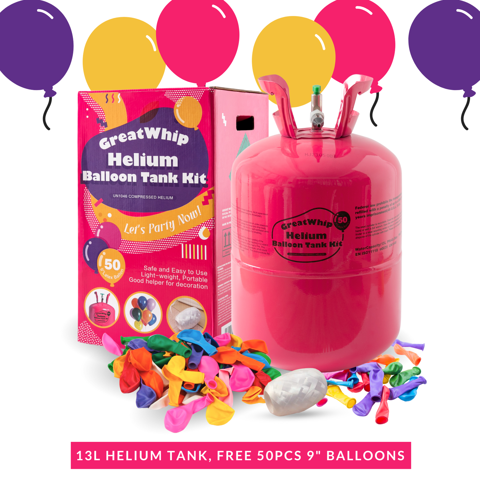 Helium Tank Kit GreatWhip 13L Party w/ white Ribbon & 50pcs 9" latex balloons 🎈