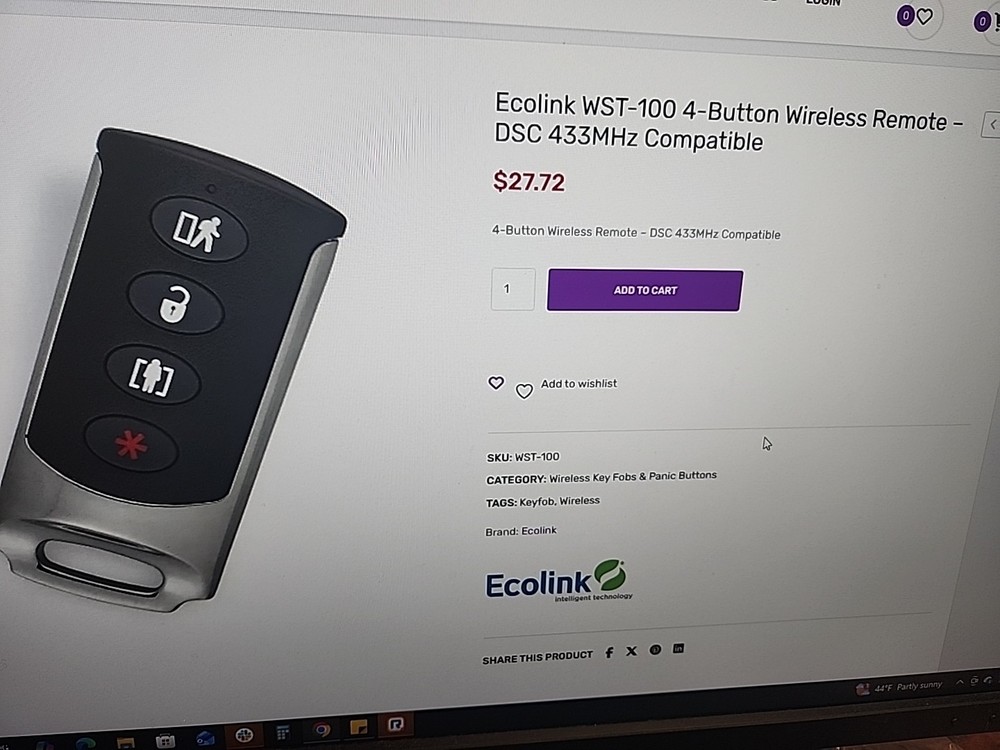 Ecolink WST-100 4-Button Wireless Remote – DSC 433MHz Compatible(Tested)