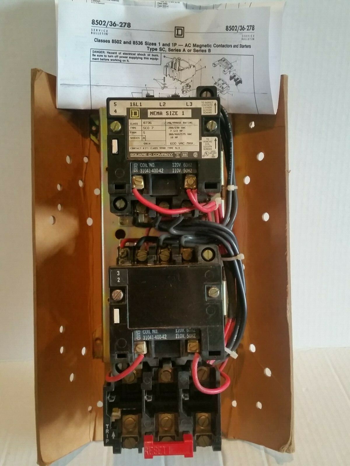 SQUARE D 8736SCO7V02 NEMA Size 1 3-Pole AC Reversing Magnetic Starter, NEW!