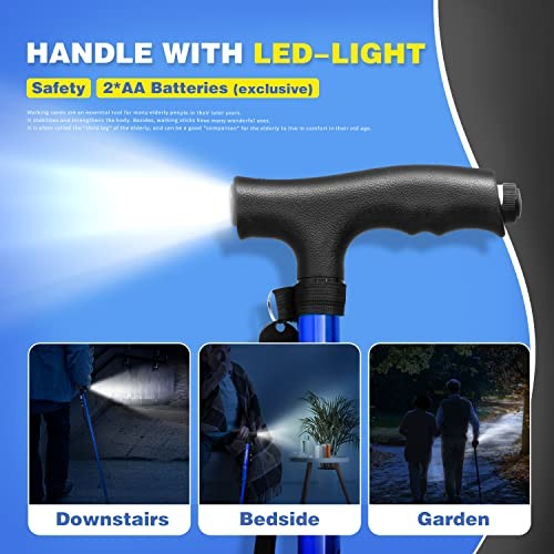 Folding Walking Cane with LED Light,Pivoting Quad Base,Adjustable Walking