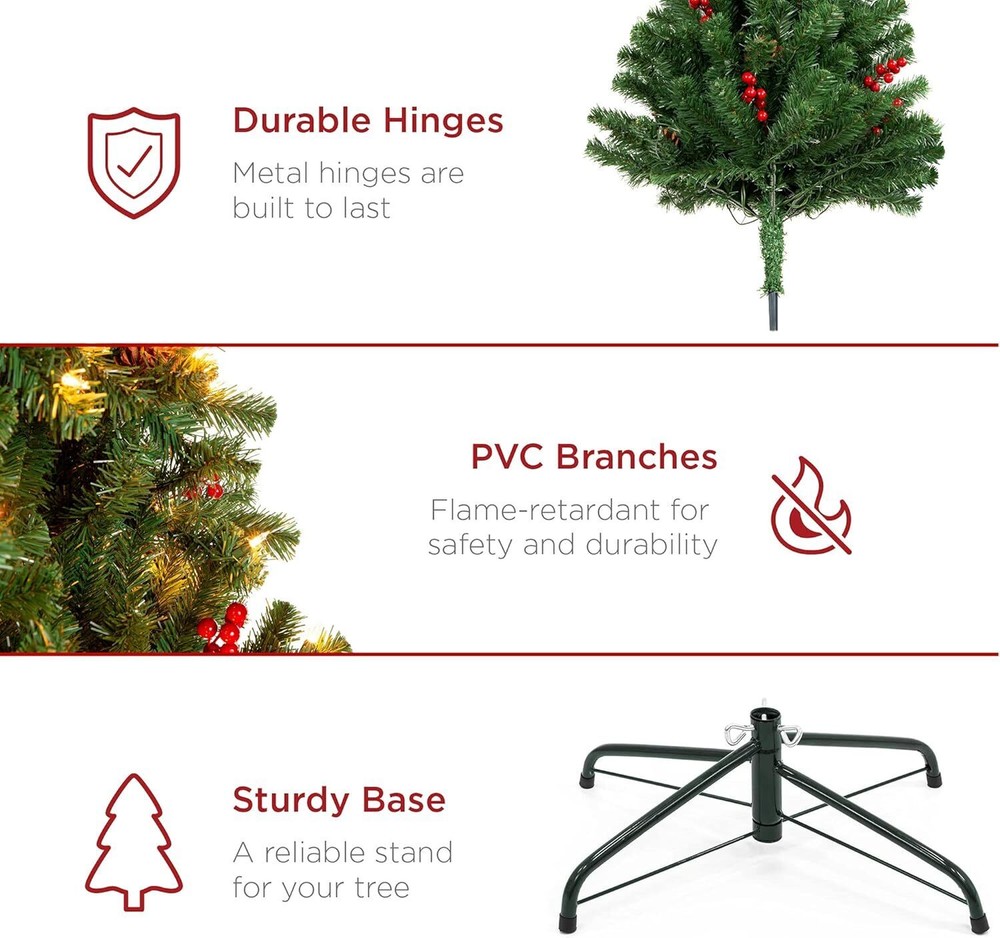 6ft Pre-Decorated Pre-Lit Hinged Artificial Christmas Tree with 798 Tips Spruce