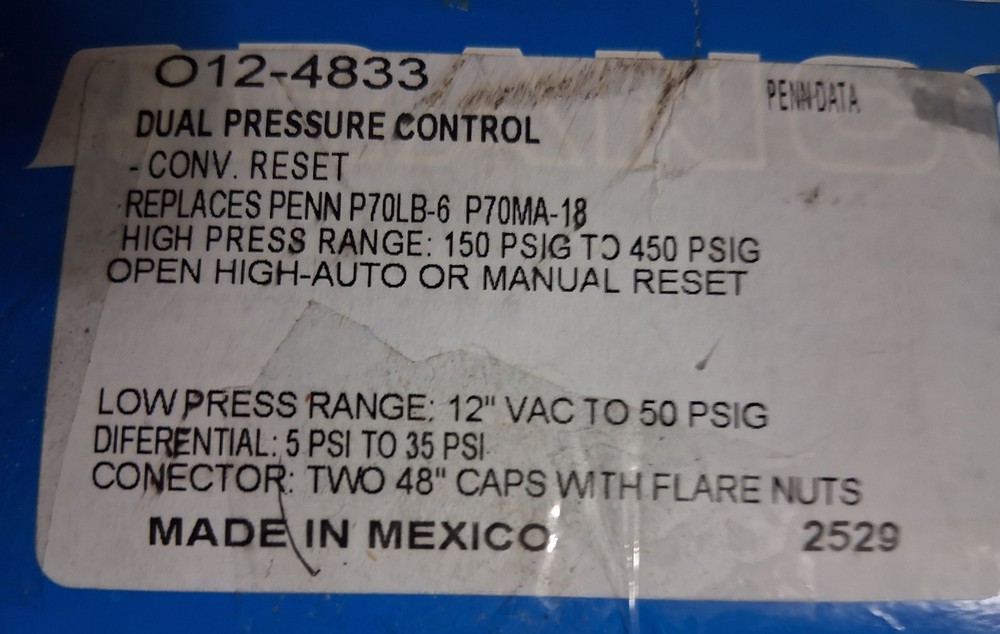 Ranco 012-4833 Dual Pressure Control