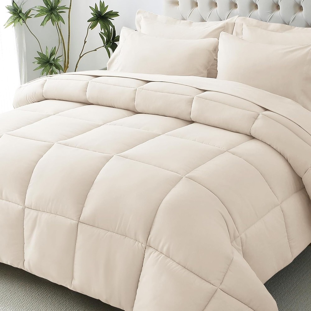 Complete Queen Bedding Set - Ultra-Soft Comforter, Sheets & Pillowcases in Beige